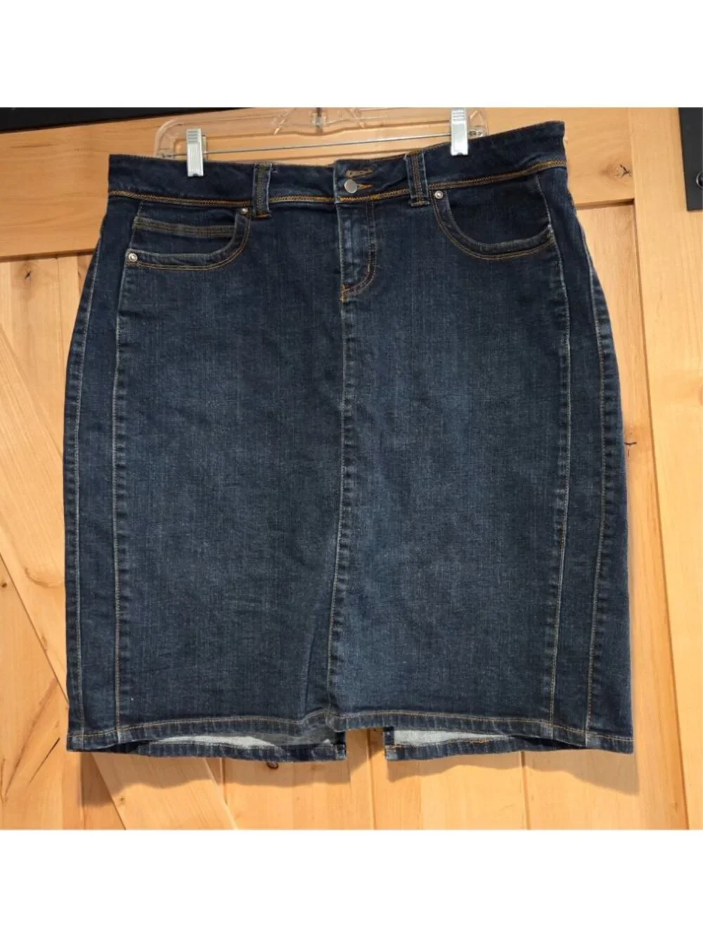 Venezia Lane Bryant Size 16 Stretch Denim Midi Skirt Medallion Pocket Side Panel